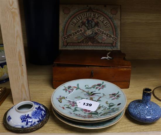 Three Canton famille rose plates, a Japanese brushwasher and a bottle vase